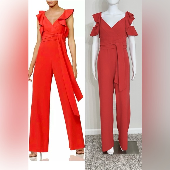 NWT Halston Heritage Women Cold Shoulder Ruffled V-Neck Red Jumpsuit MSRP $ 445 - Picture 3 of 7